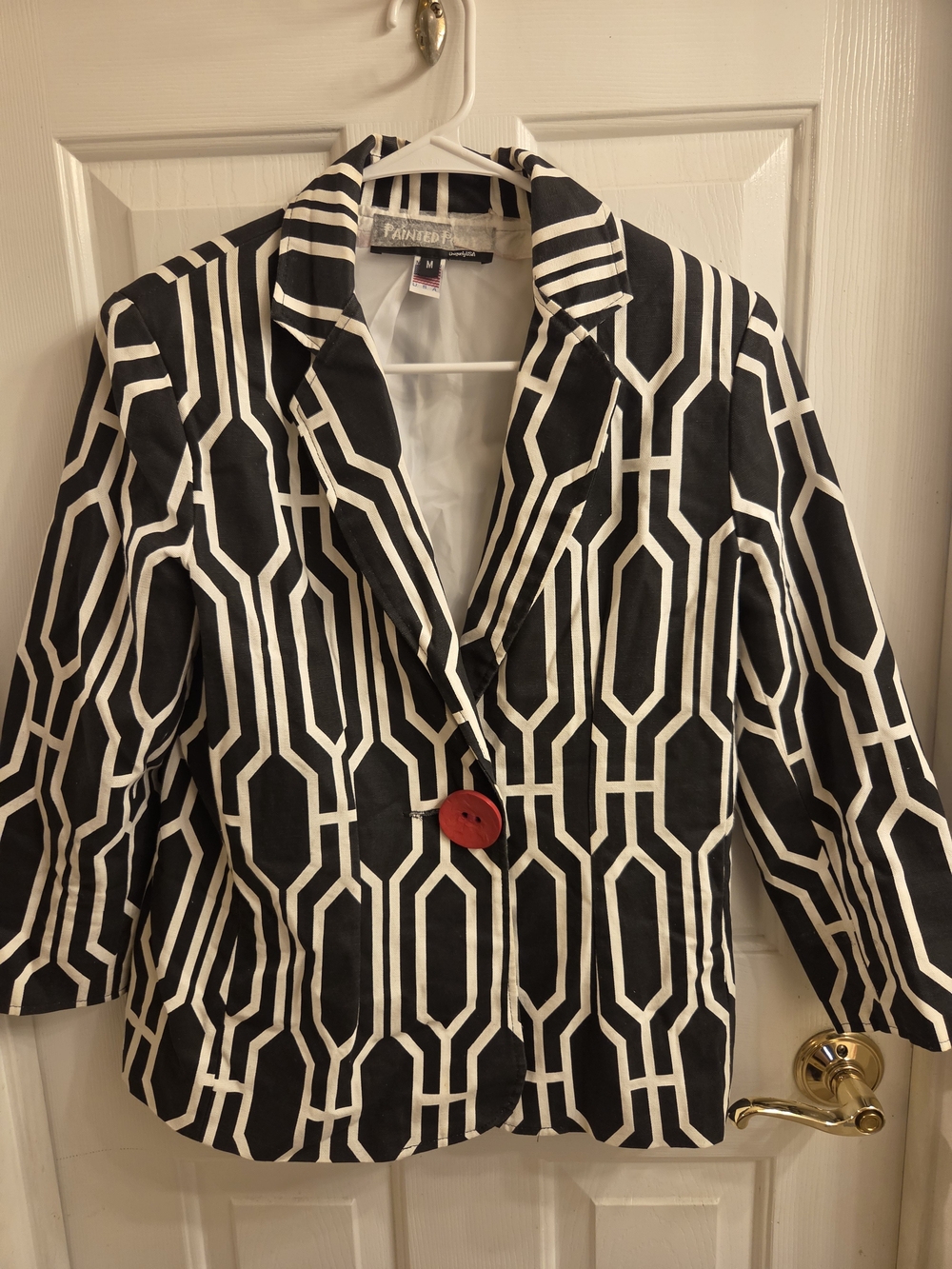 Painted Fox Black & White Geometric Blazer with Red Button